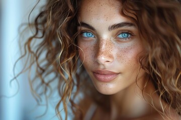 A striking close-up of a young woman with green eyes, freckles, and curly hair showcasing her natural beauty