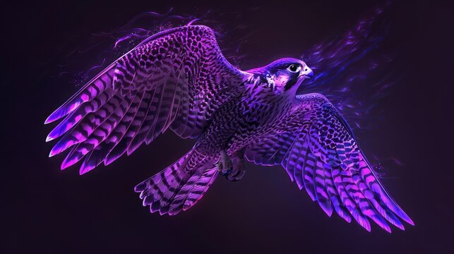 A stunning graphic image of a falcon in flight, awash in vibrant purple hues against a dark backdrop, showcasing power and grace
