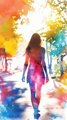 Obraz na płótnie Canvas Woman Silhouette with Energy Waves. Cosmic Energy Flow.