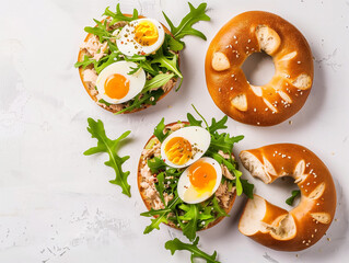 Oriental bagel with feta cheese, eggs, arugula and sea salt on a white plate over a light background. Healthy breackfast.