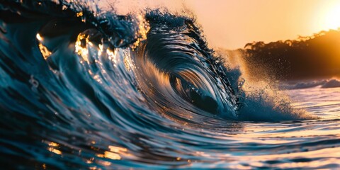 Golden hour light casting a warm glow on the crest of a powerful ocean wave, encapsulating the essence of the sea.

