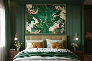 Elegant Orchid Trio on Textured Emerald Backdrop with Lush Greenery Wall Art Panels