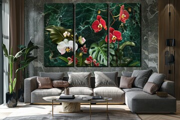 Elegant Orchid Trio on Textured Emerald Backdrop with Lush Greenery Wall Art Panels