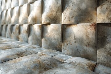 A gritty realistic 3D render of aged textured cement blocks creating an urban industrial wall and floor