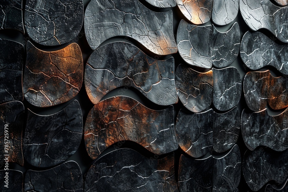 Poster this image showcases a seamless pattern created by metallic tiles with orange rust accents that offe