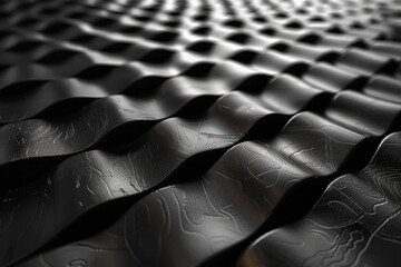 An intriguing image showcasing wavy black leather texture that gives a three-dimensional visual effect - obrazy, fototapety, plakaty