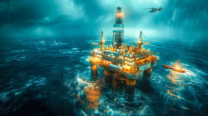 Offshore industrial platform for oil and gas production in the ocean underwater, concept of oil production and oil refining
