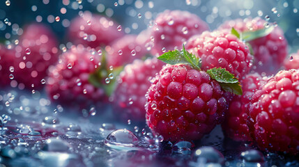 Ripe raspberries with water drops on a dark background - obrazy, fototapety, plakaty