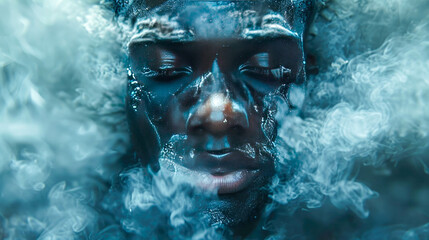 Close-up portrait of a young man in smoke - obrazy, fototapety, plakaty