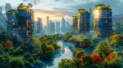 Green city, synergy of a big metropolis city with tall modern buildings skyscrapers with nature and eco-natural green plants and trees