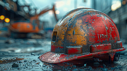 Helmet of a construction worker in the rain, close-up