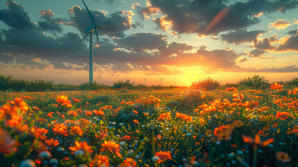 Wind turbines at sunset in a field with poppies and daisies - obrazy, fototapety, plakaty