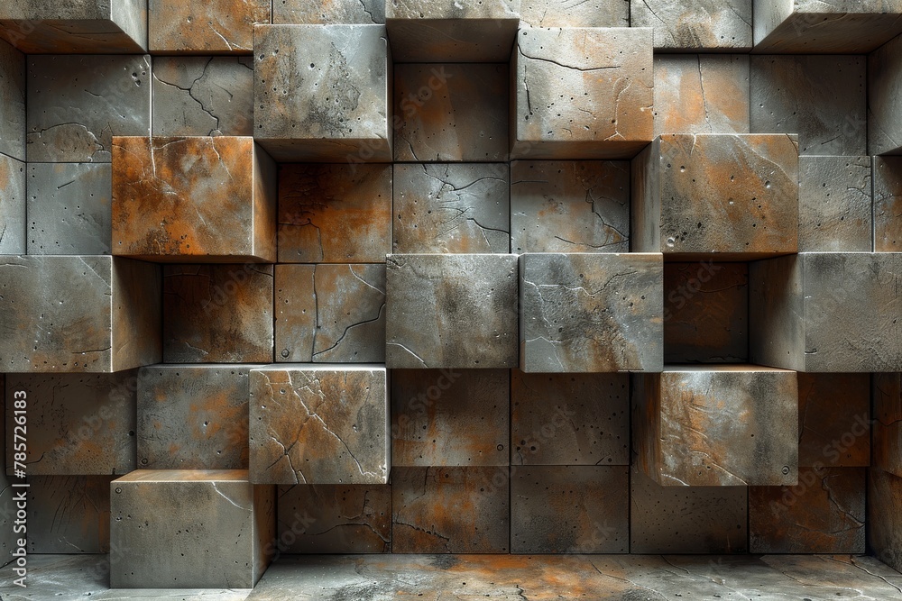 Poster high-resolution 3d rendering of a wall made from stacked rustic concrete cubes with varying tones an