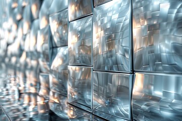 An array of reflective cubic shapes depicts a futuristic and sophisticated design, perfect for representing technology or architecture