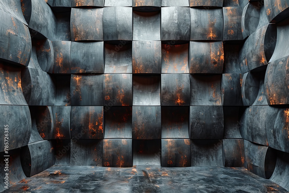 Poster A dark, moody image showcasing a pattern of rustic metallic cubes in a symmetric array