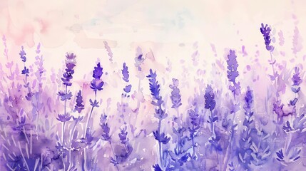 A serene purple lavender field painted in watercolor, inducing a sense of calm and creativity with its soft hues and dreamy composition