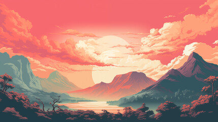 Jolie illustration d'un coucher ou lever de soleil. Illustration colorée, pleine de couleurs. Paysage, montagnes, arbres, nuages, eau. Pour conception et création graphique.