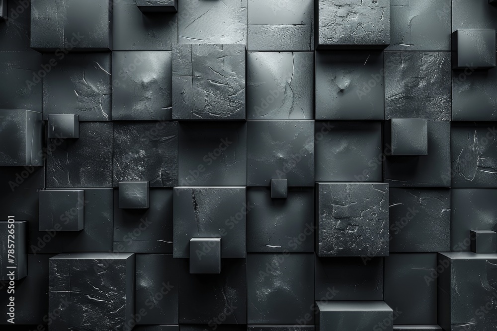 Poster close-up view of an abstract pattern with randomly distributed black cubes creating a textured surfa