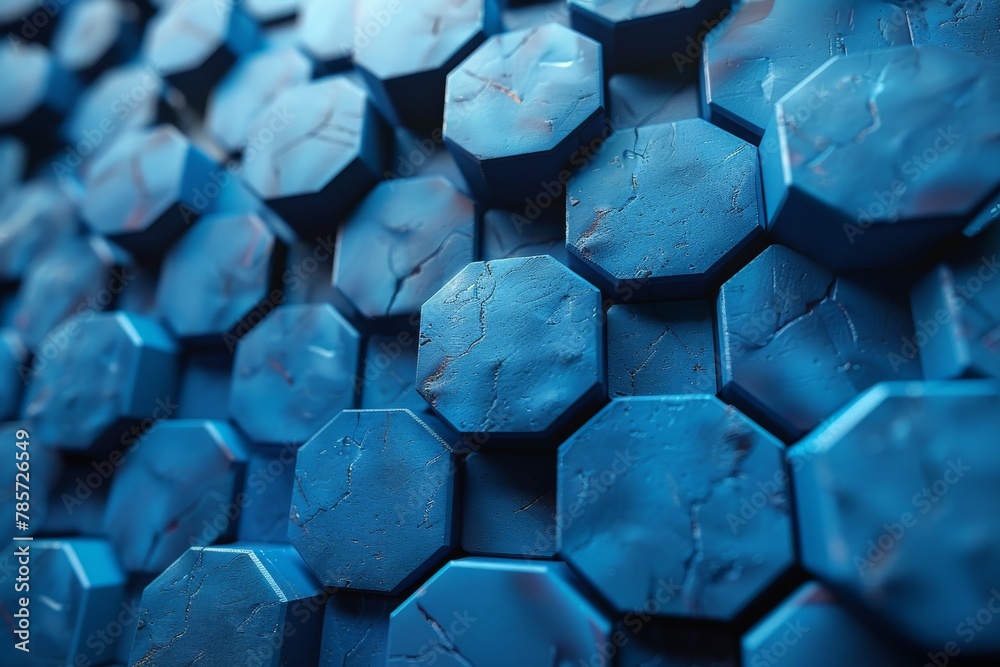 Poster close-up of a hexagonal blue pattern with a noticeable textured surface, creating a tactile visual e
