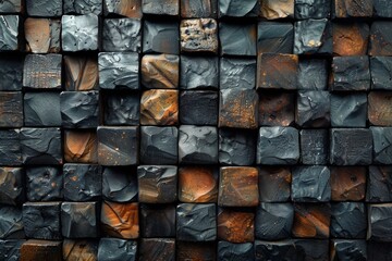 A detailed image showcasing an array of geometric metallic cubes with selective rusting giving an organic feel