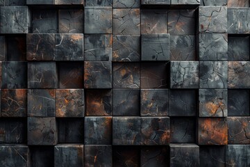 A bold image featuring a wall composed of cubic black marble with distinctive textures and natural orange streaks