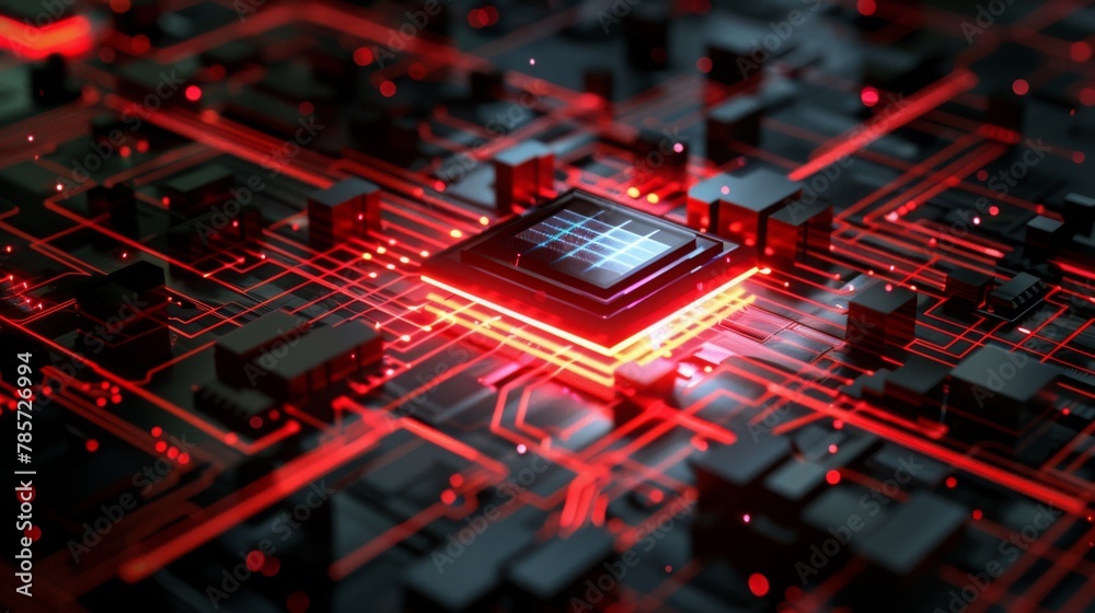 Poster glowing red circuit board with central processor at night