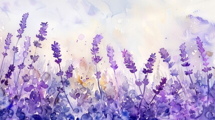 This artistic image showcases a beautiful lavender field with a watercolor effect, blending purples and blues with soft washes - obrazy, fototapety, plakaty