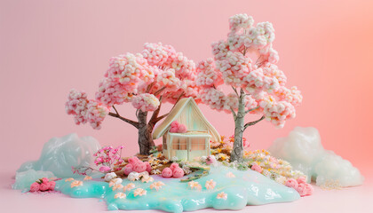 Small house with tree, flower, bushes surreal  in jelly cake material  and pastel colors