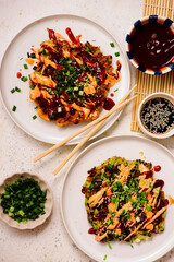 Okonomiyaki. Japanese vegetable pancakes. top veiw