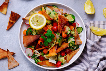 Lebanese vegetable salad Fattoush . top veiw .selective focus - 785727319
