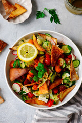 Lebanese vegetable salad Fattoush . top veiw .selective focus