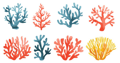 Set of coral images drawn in watercolor on a white background.Sea vector illustration. © KotBaton