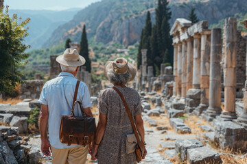 Elderly Couple Exploring Ancient Ruins on Sunny Day