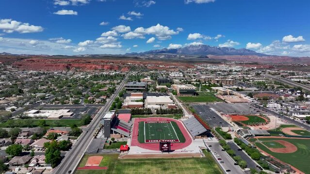 Aerial St George Utah Utah Tech University football. Southwest. Settled by The Church of Jesus Christ of Latter-day Saints in 1800's. Fast population growth. Retirement destination. Dixie College.