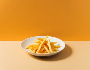 Immagine orizzontale di piatto bianco con patate fritte su sfondo arancione generato con ia