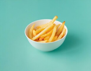 Immagine orizzontale di ciotola bianca di patate fritte su sfondo azzurro generato con ia
