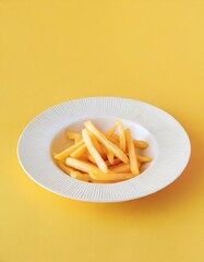 Immagine verticale di piatto bianco con patate fritte su sfondo giallo generato con ia