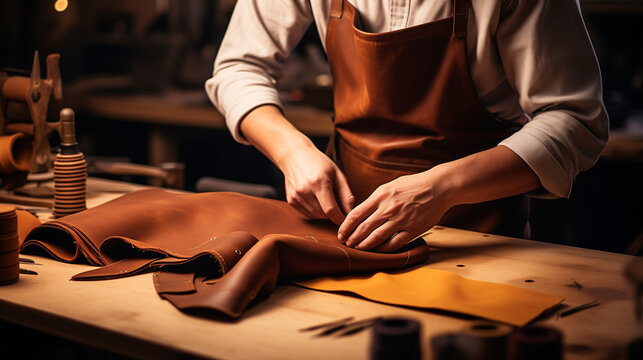 Tailor cobbler hold different rolls natural brown leather, working with textile in workshop	
