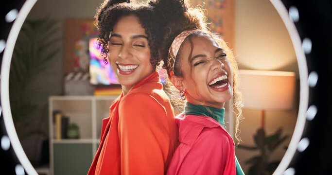 Ring light, face and women in a house with social media, recording or fun content creation together. Blog, portrait and gen z beauty influencer friends at home with live streaming, post or vlogging