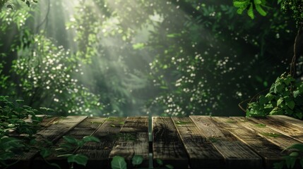 wooden table in a lush forest, product mock up