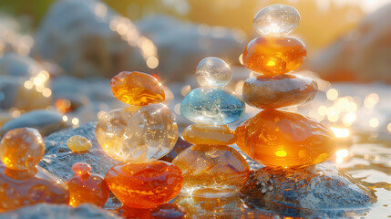 Colorful glass pebbles stacked on river rocks at sunset. - Powered by Adobe