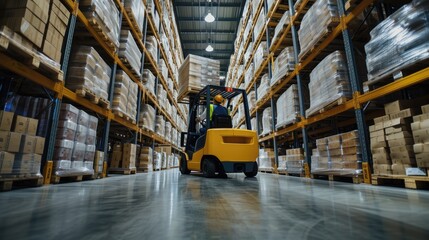 A man operates a forklift amidst shelving and fixtures in a warehouse, while moving wooden flooring for an upcoming event. AIG41 - obrazy, fototapety, plakaty