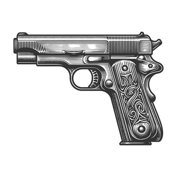 engraved pistol black and white clip art preview