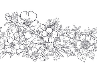 Boutonniere of wild rose flowers and berries Seamless pattern, background. Outline hand drawing vector illustration. In botanical style - 785728760