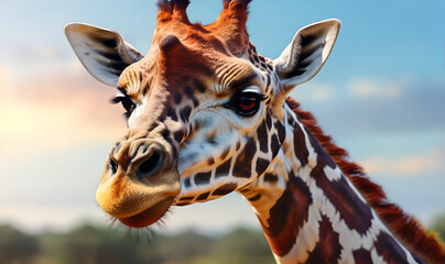 Naklejka premium A giraffe, close-up in the background.