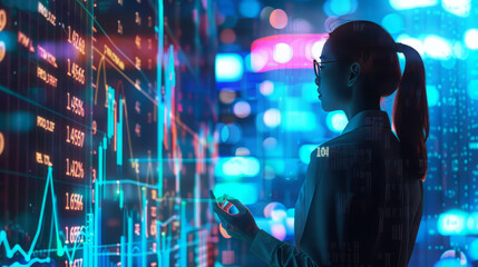 A girl businesswoman, a financial consultant, interacts with an interactive screen that displays charts of stock traders, cryptocurrency rates, analytics against the background of investment charts an