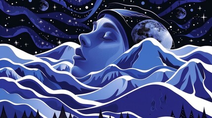 Illustration portrait of a young beautiful woman against the background of mountains and the night sky with stars in a surreal style. A magical landscape