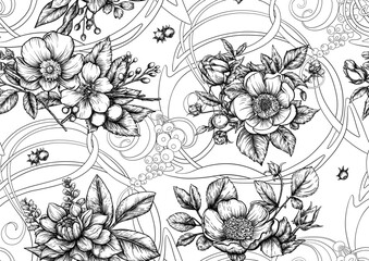Blooming tree rose, rose flowers on branches. with sparrow, finches, butterflies, dragonflies. Seamless pattern, background. Vector illustration. Chinoiserie, traditional oriental botanical motif. - 785729163