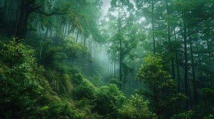A serene forest landscape enveloped in mist, featuring verdant greenery and towering trees that evoke a sense of calmness and tranquility - obrazy, fototapety, plakaty