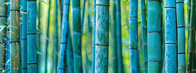 Cluster of trunks of tall green blau bamboo trees growing densely in the forest